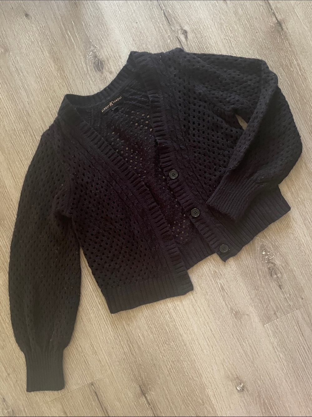 Almost Famous Black Openwork V-Neck Buttoned Cardigan | Size Medium